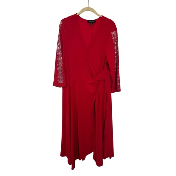Vibrant Red Cocktail Dress Longsleeve Silver Rhinestone Detail Size XL Holiday - Picture 1 of 9